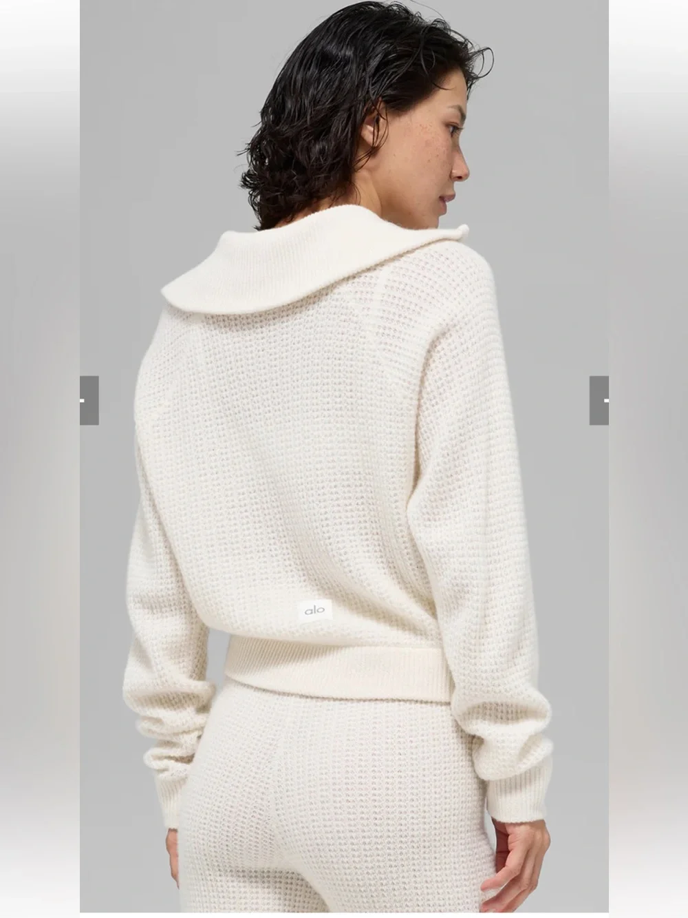 ALO Yoga Cream Half‑Zip Waffle Knit Turtleneck Sweater